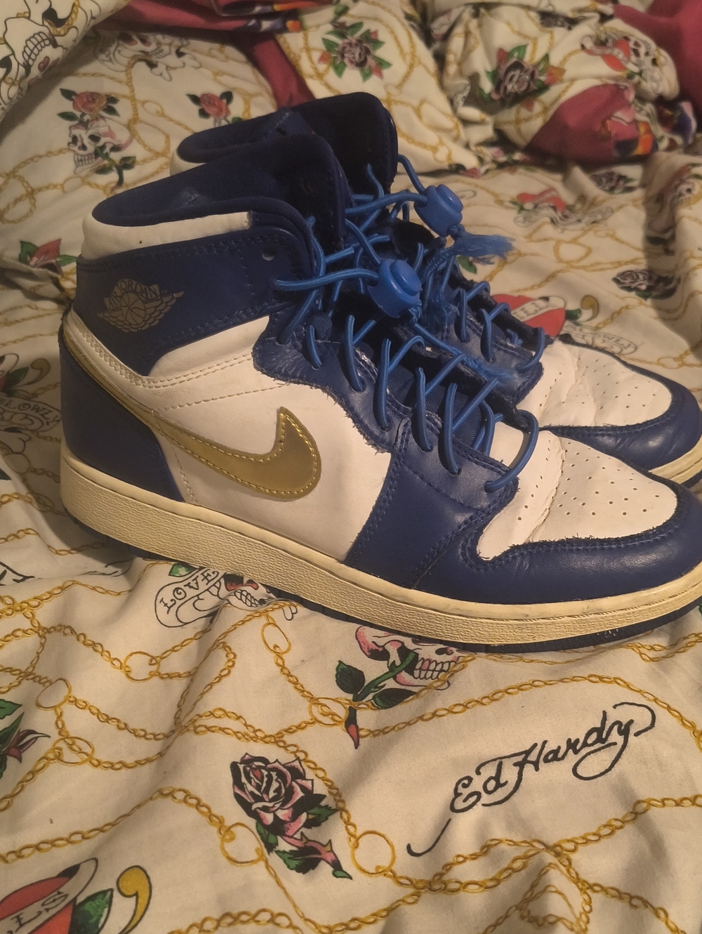 Nike Blue, White & Gold Air Jordan 1 Mid Sneakers Youth 5.5